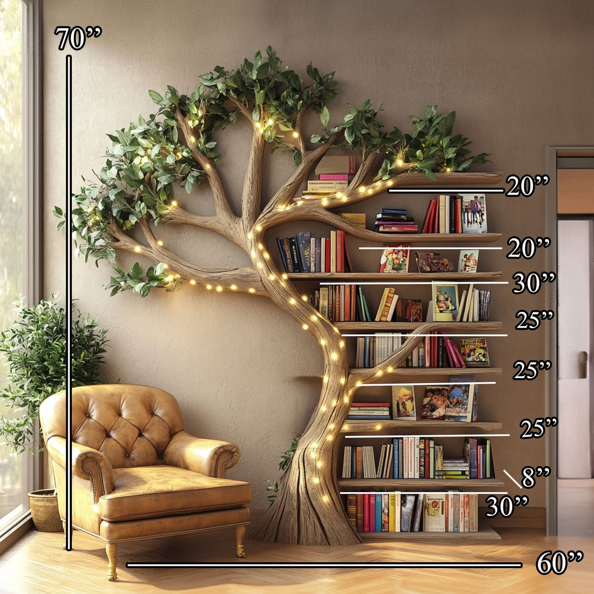 Brown Branch Wall Bookshelf with Floating Shelves, 70 x 60 Inch