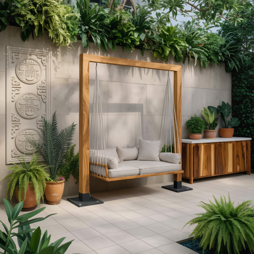 Freestanding Wood Frame Patio Swing Bed with Cotton Rope, 65-86 in