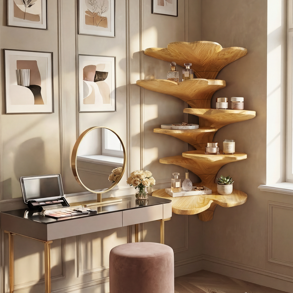 Curved Leaf Corner Wall Shelf in Solid Wood for Boho Kids Rooms