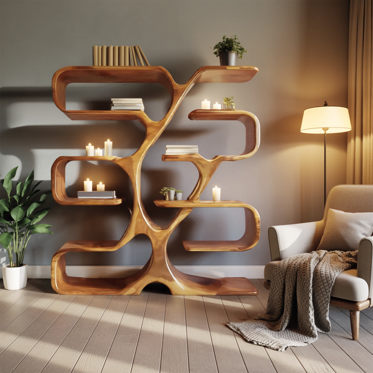 Fan-Out Live Edge Plank Wall Bookshelf, 47 to 71 Inches Tall