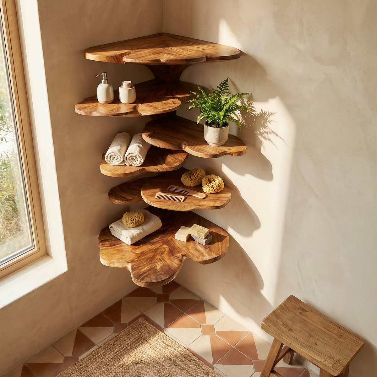 Curved Leaf Corner Wall Shelf in Solid Wood for Boho Kids Rooms