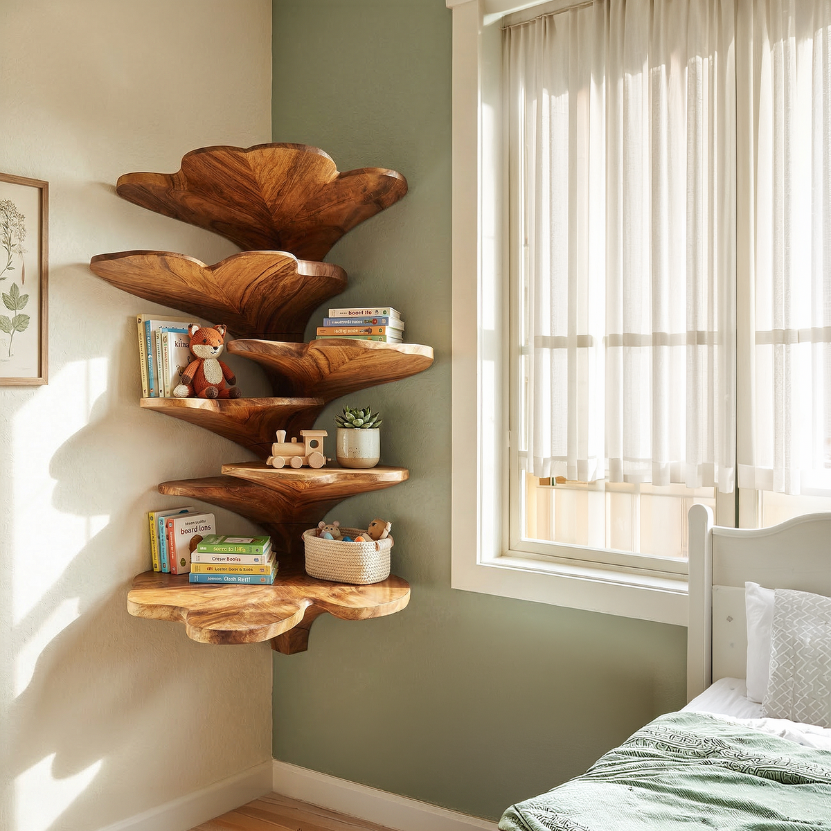 Curved Leaf Corner Wall Shelf in Solid Wood for Boho Kids Rooms