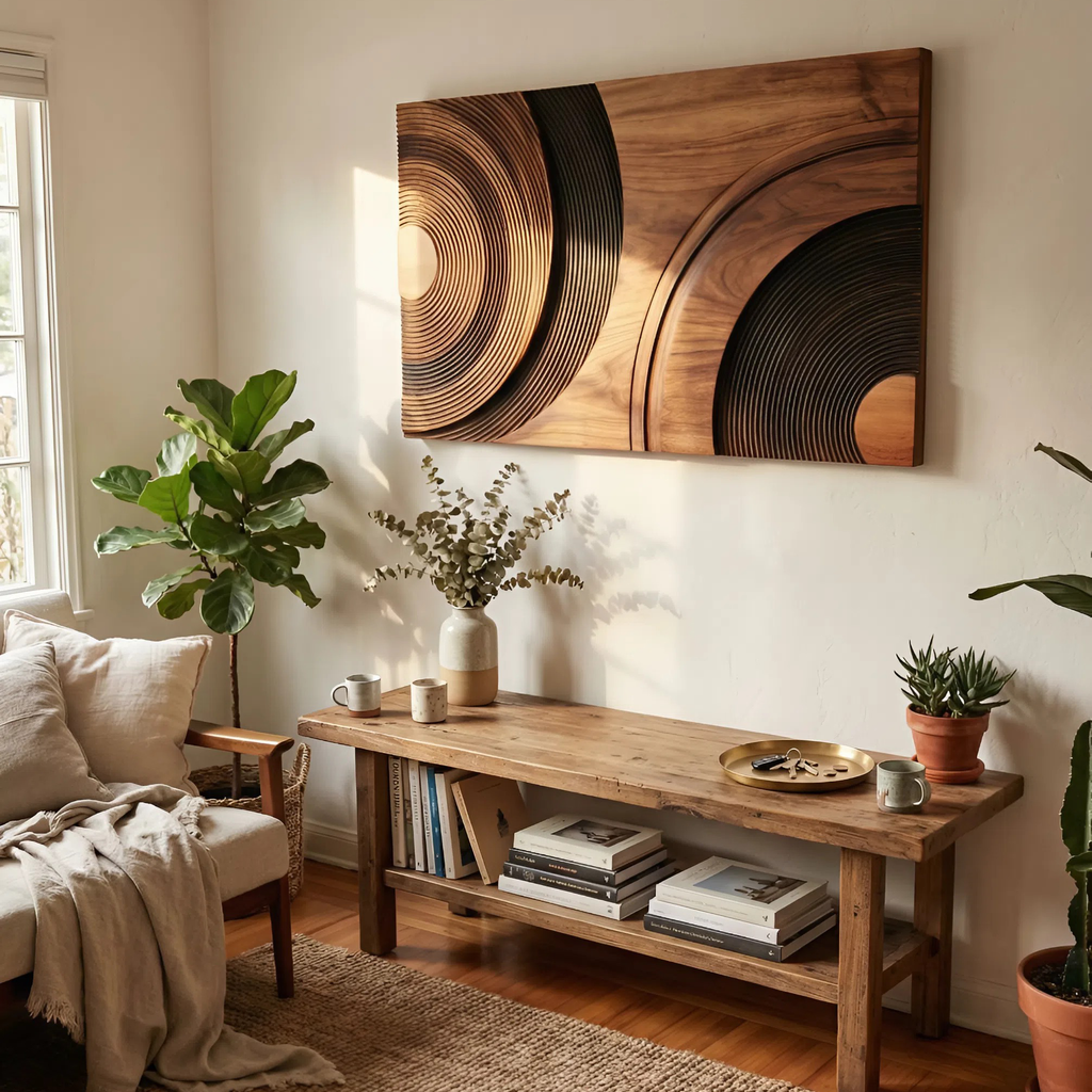 Mid Century Abstract Wood Wall Decor, Handcrafted Geometric Wooden Sculpture Panel for Modern Living Room & Entryway Accent