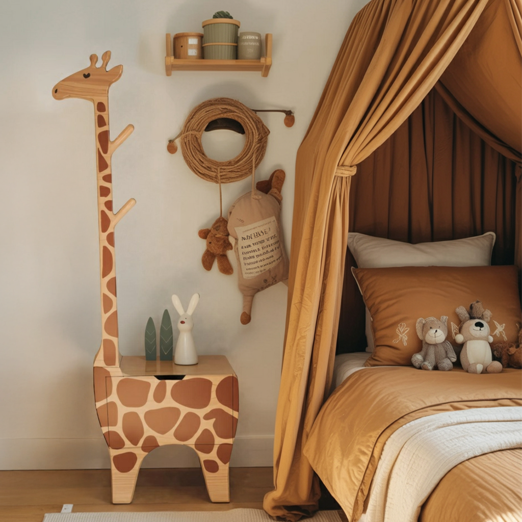 Adorable Giraffe Nightstand With Hooks And Drawer For Kids Room And