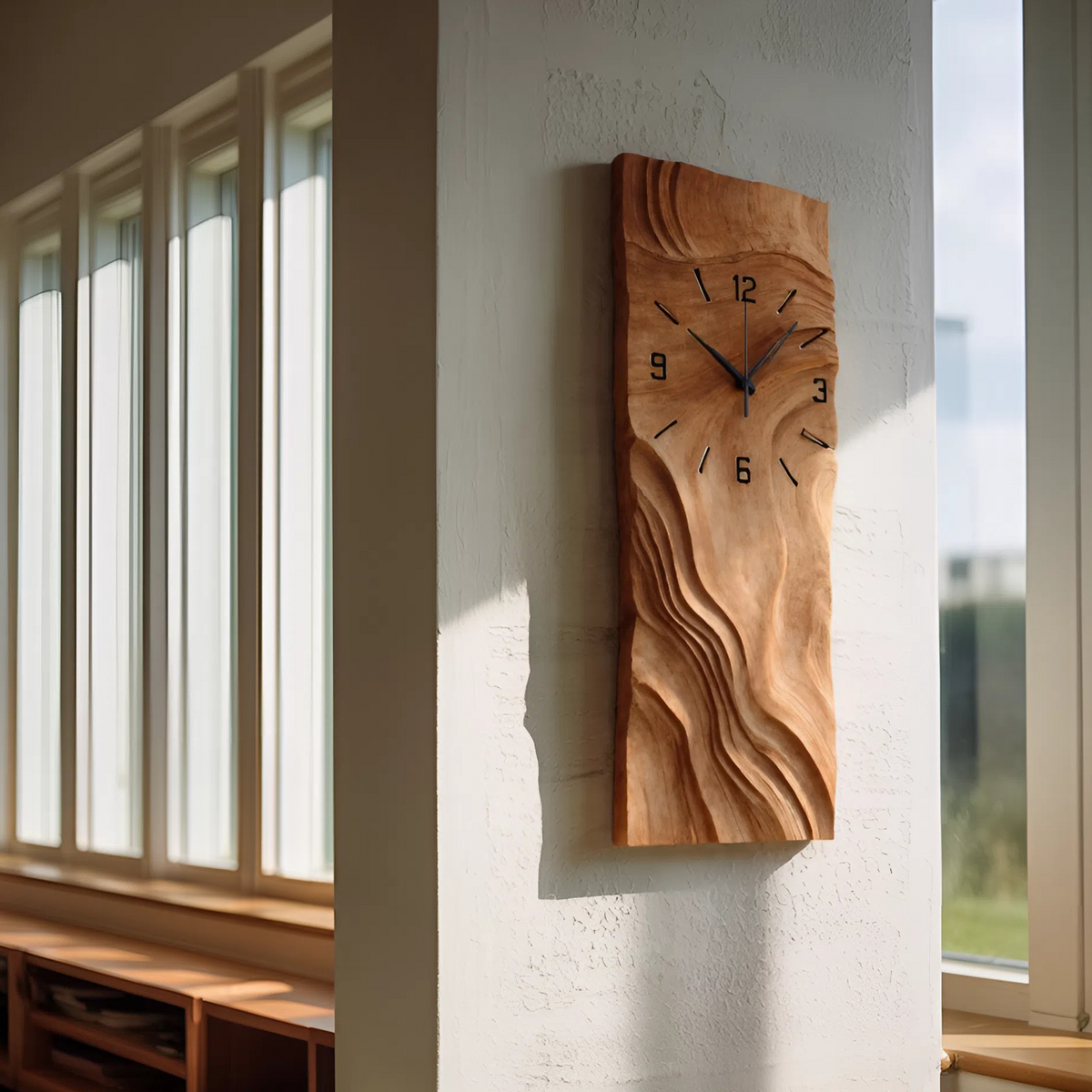 Organic Vertical Sculptural Wall Clock, Handcrafted Modern Wood Hanging Timepiece