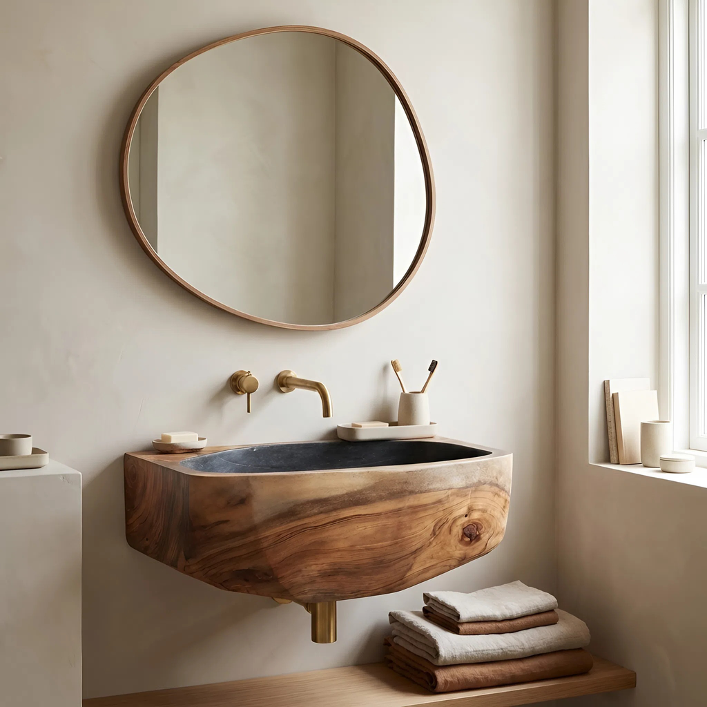 Wood Vessel Sink, Minimalist Solid Wood Bathroom Basin