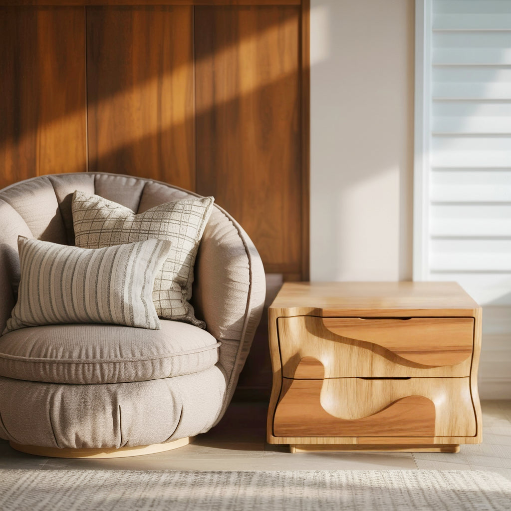Modern Wavy Nightstand With Carved Drawer Cabinet For Bedroom And Living Room