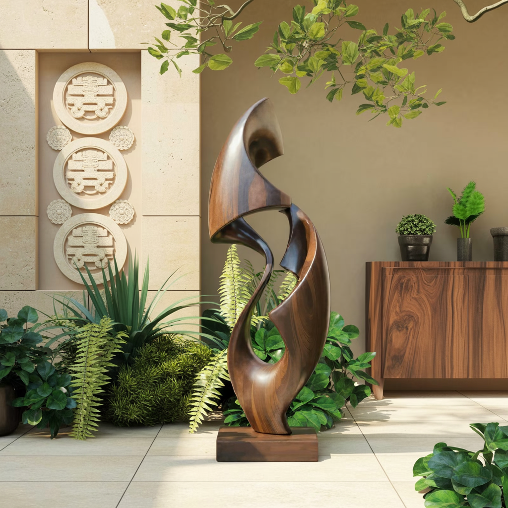 Abstract Wood Sculpture, Twisting Rustic Accent for Office Decor