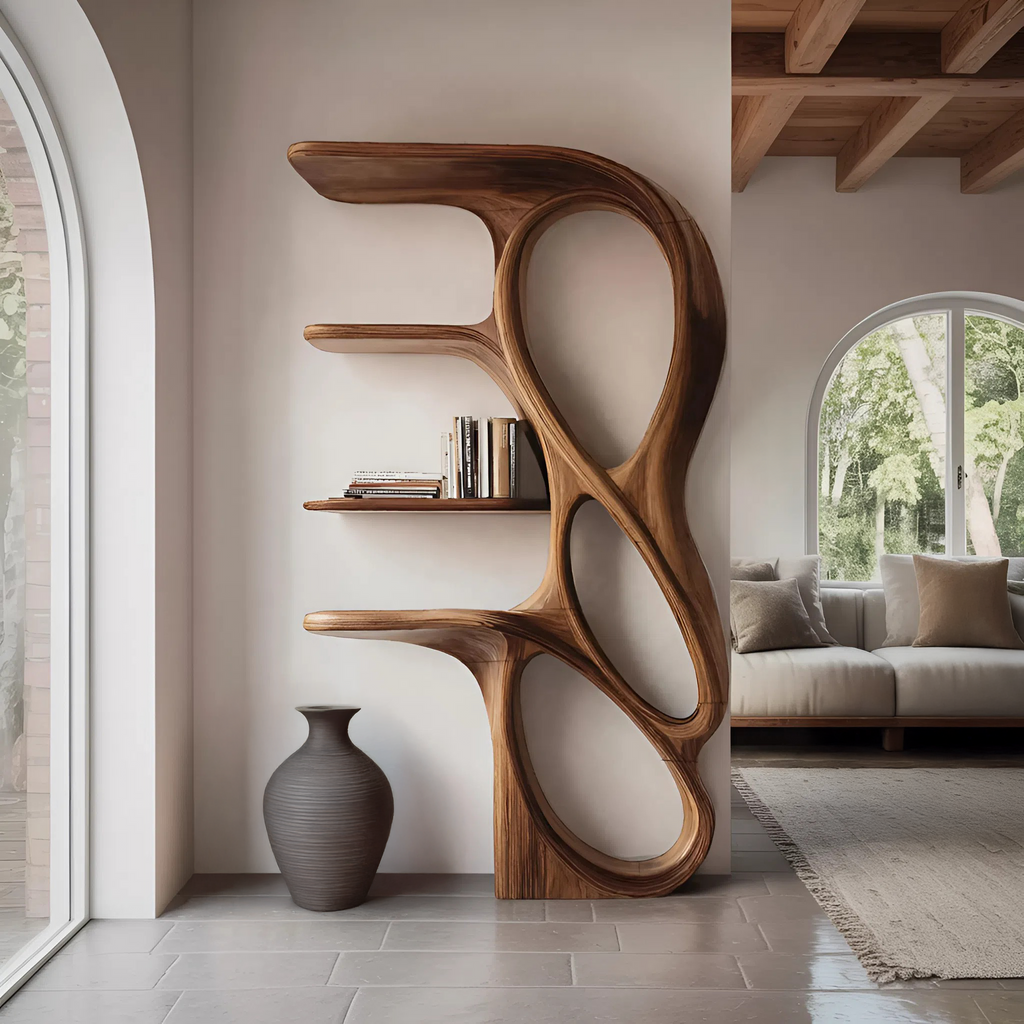 Tall Open Curved Art Bookshelf In Solid Wood, 71 to 86 Inch High