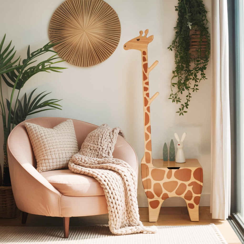 Adorable Giraffe Nightstand With Hooks And Drawer For Kids Room And