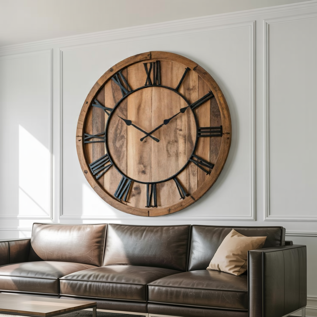 Oversized Rustic Wall Clock with Roman Numerals, Large Farmhouse Wooden Clock