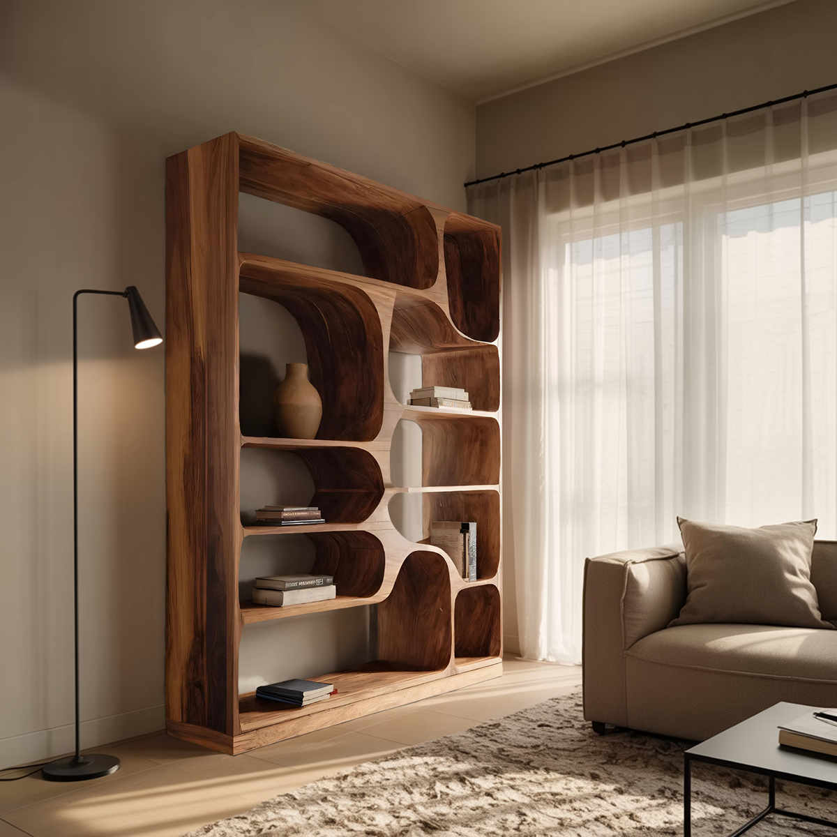 Sculptural Solid Wood Bookcase with Curved Asymmetric Compartments