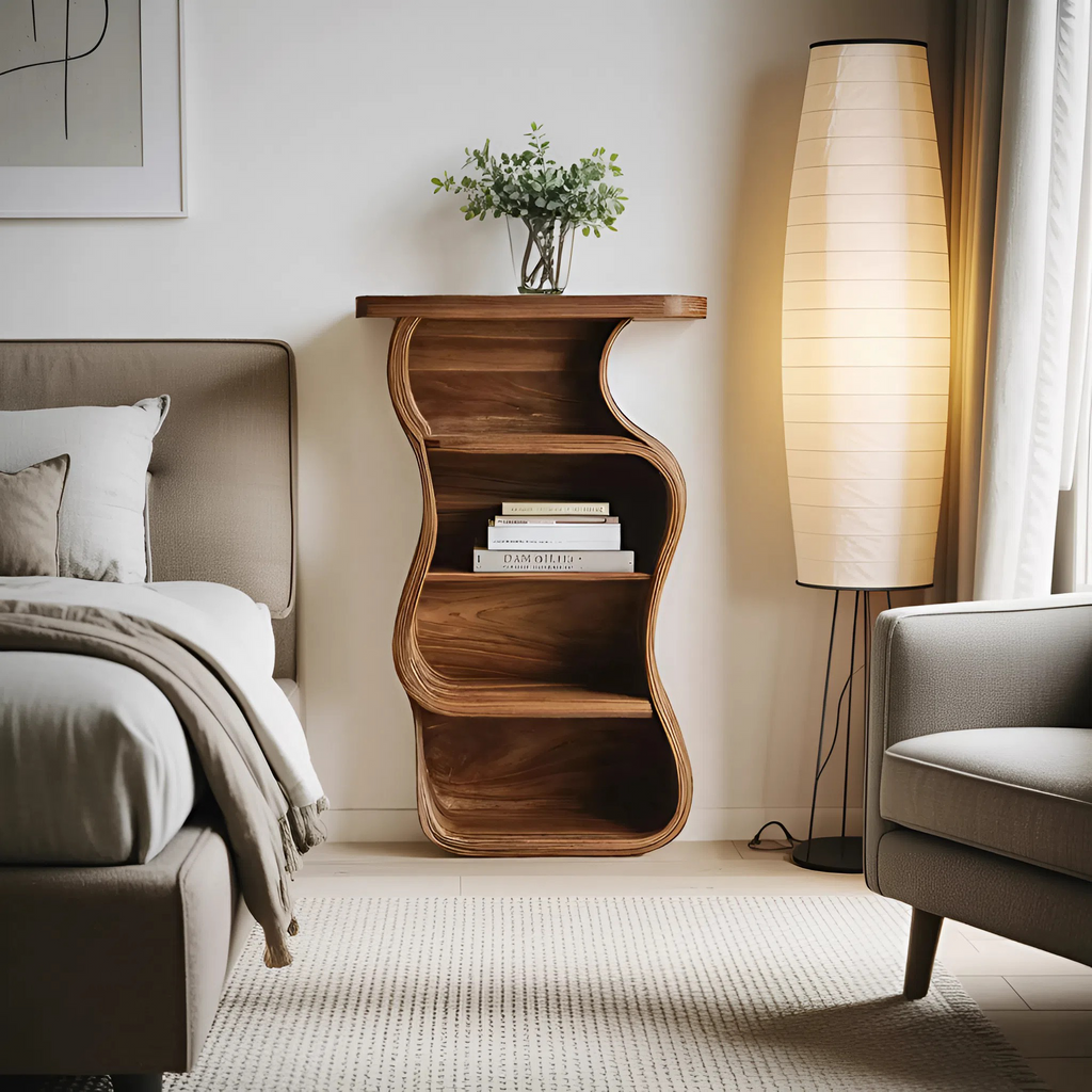 Contemporary Nightstand Sculptural With Open Shelf For Bedroom