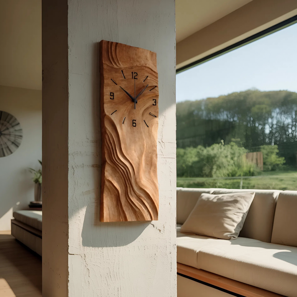 Organic Vertical Sculptural Wall Clock, Handcrafted Modern Wood Hanging Timepiece