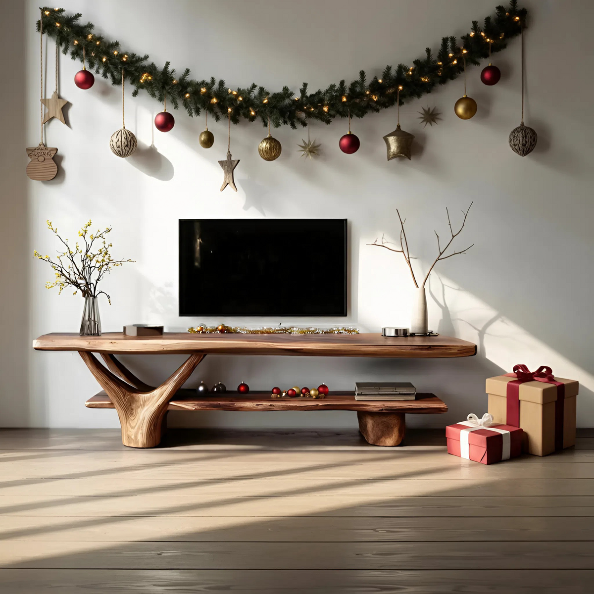 Handcrafted Wooden Live Edge TV Console, Solid Wood Media Stand Entertainment Center for Modern Living Room & Entryway Decor