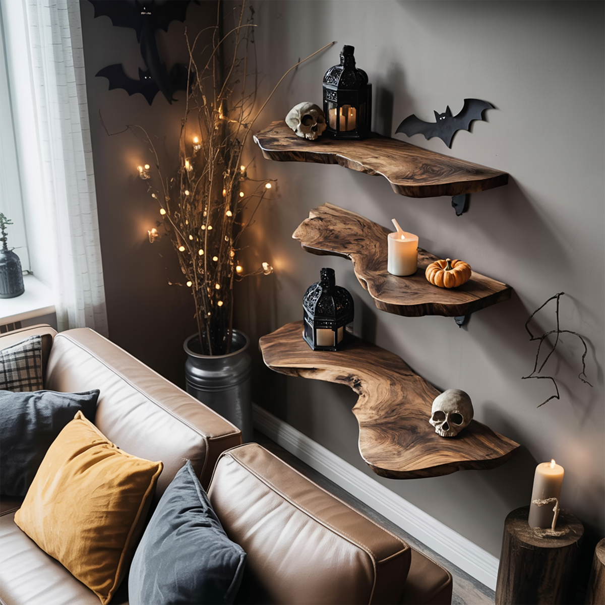 Handcrafted Live Edge Floating Shelf For Furniture Decor Halloween Inspiration