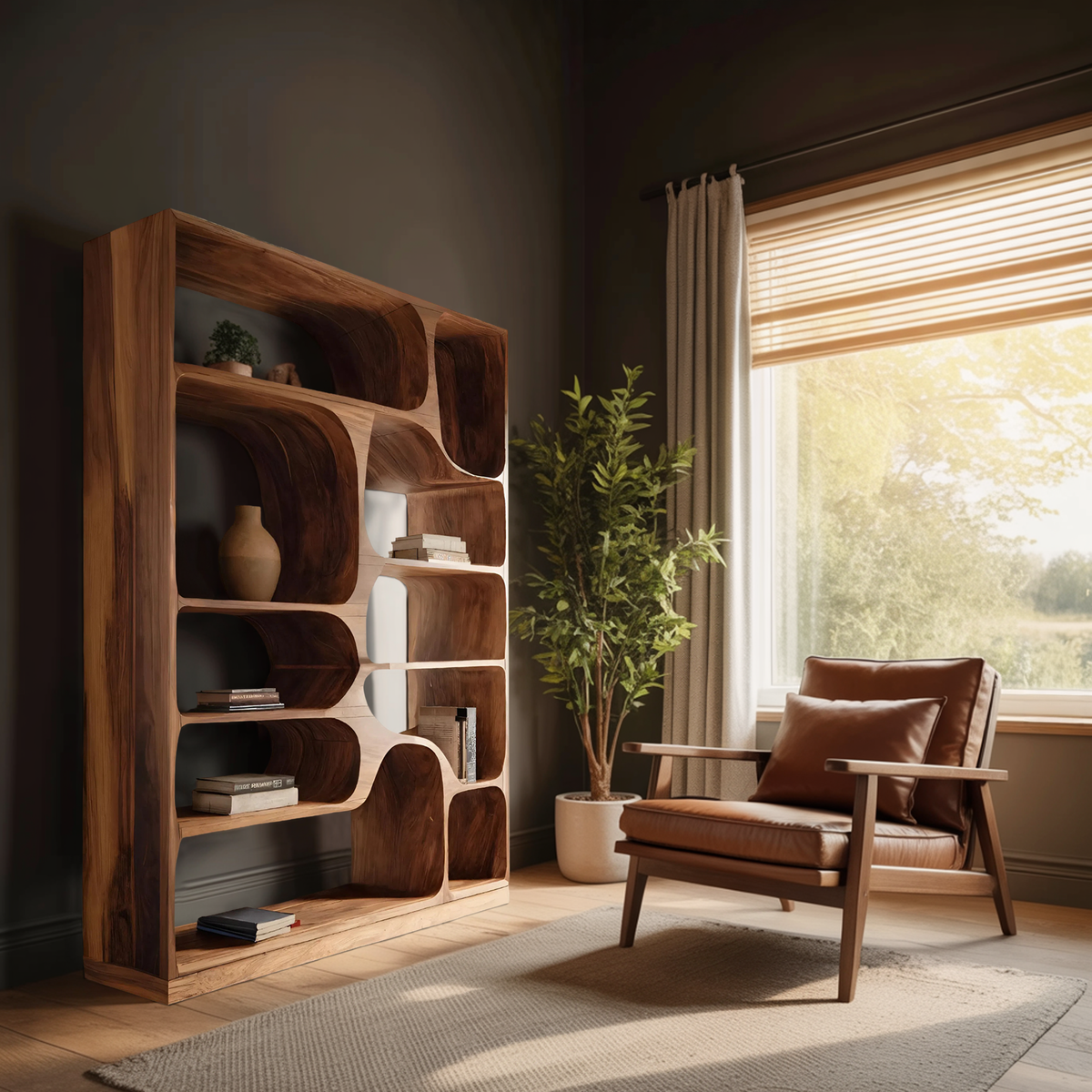 Rounded Cubby Wood Bookcase with Curved Dividers, 63 to 93 in Tall