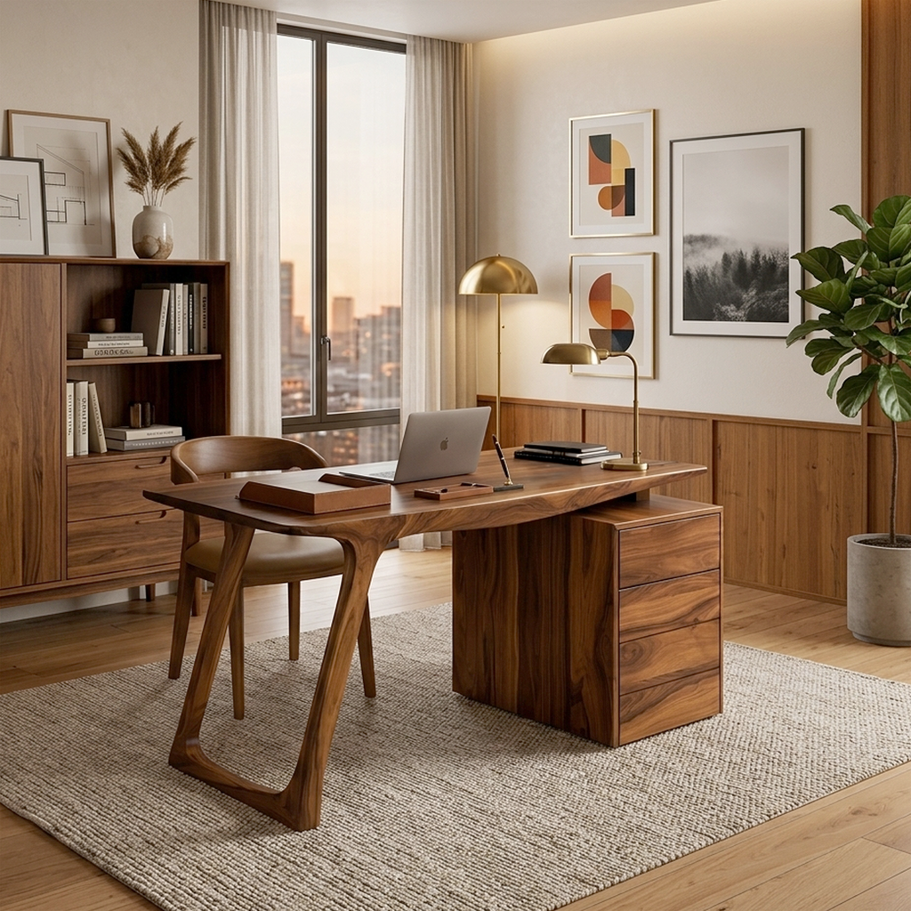 Live Edge Top Home Office Desk With Side Storage Cabinet, 59-79 In