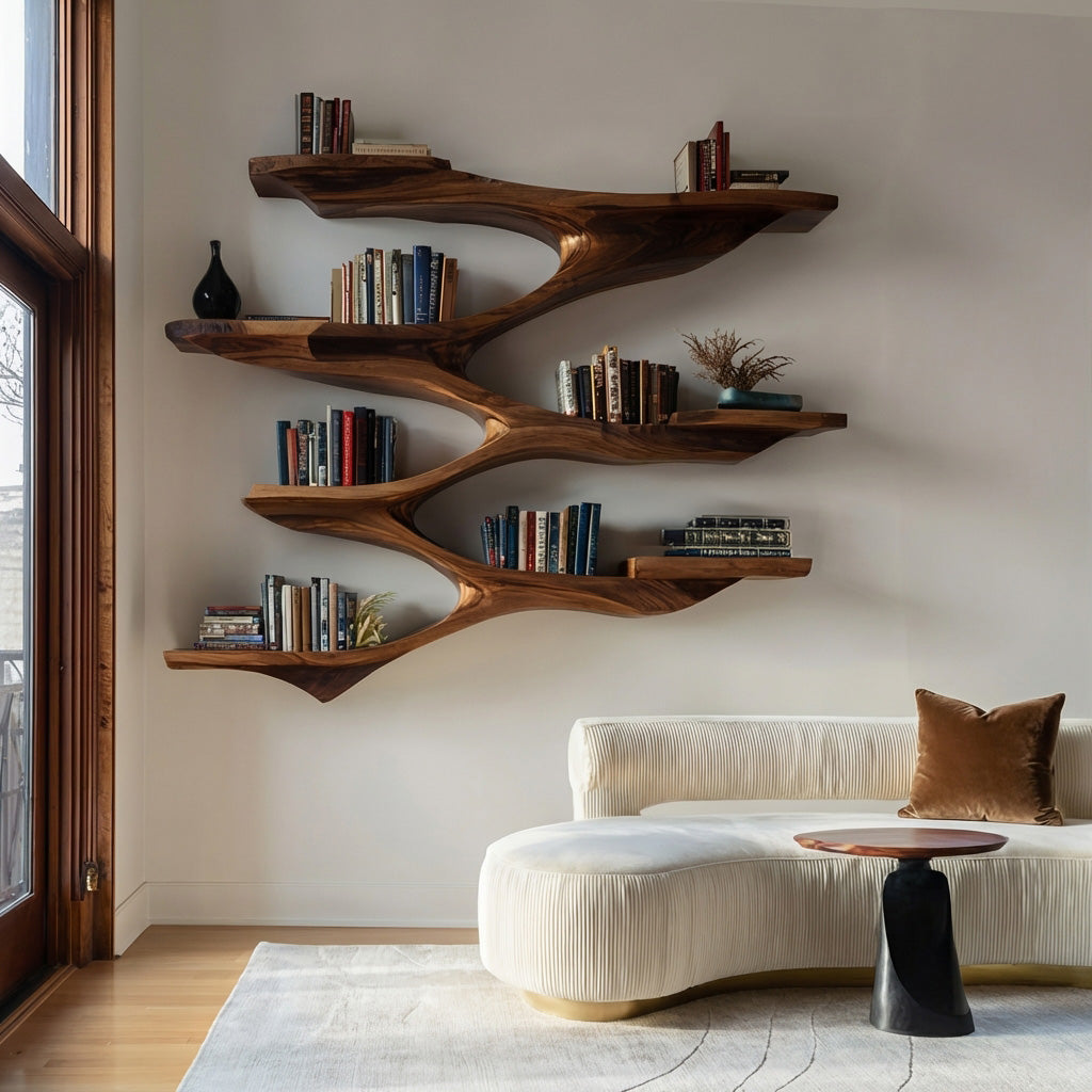 Fanned Tier Wood Wall Shelf with Central Spine, 47 to 71 in Tall