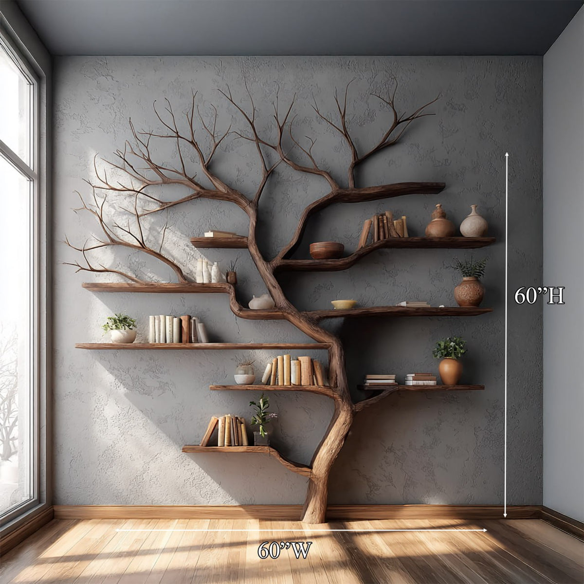 Square Branch Wall Bookshelf with Floating Shelves, 60 x 60 in