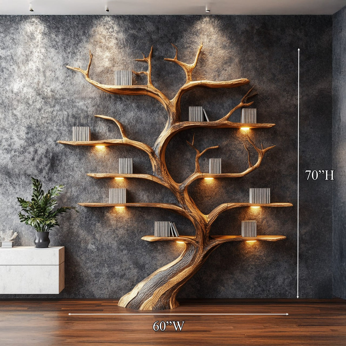 Weathered Branch Wall Bookshelf, 70 x 60 Inch Rustic Floating Display