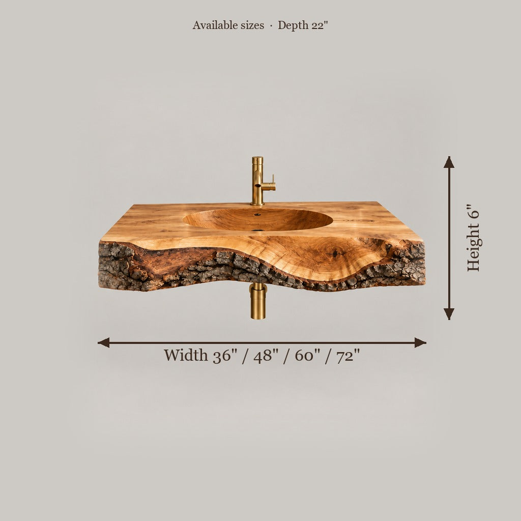 Tidewood Live-Edge Integrated-Sink Vanity size chart