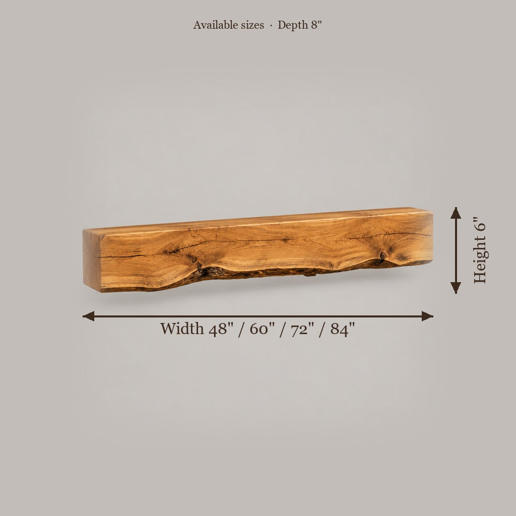 Tidewood Live-Edge Fireplace Mantel size chart