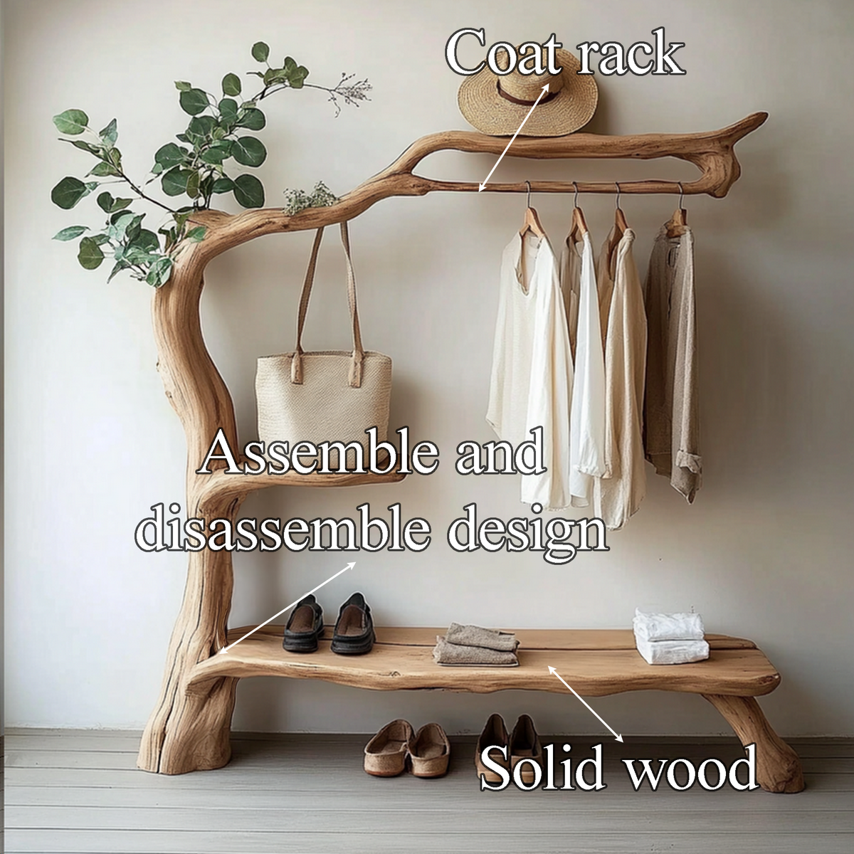 Tree Shaped Freestanding Wood Garment And Shoe Rack, 60 Inch