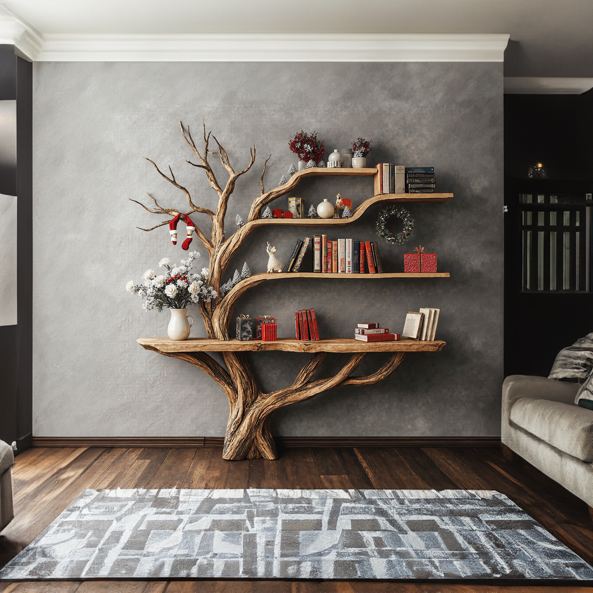 Narrow Floating Live Edge Console Table with Tree Branch Bookshelf