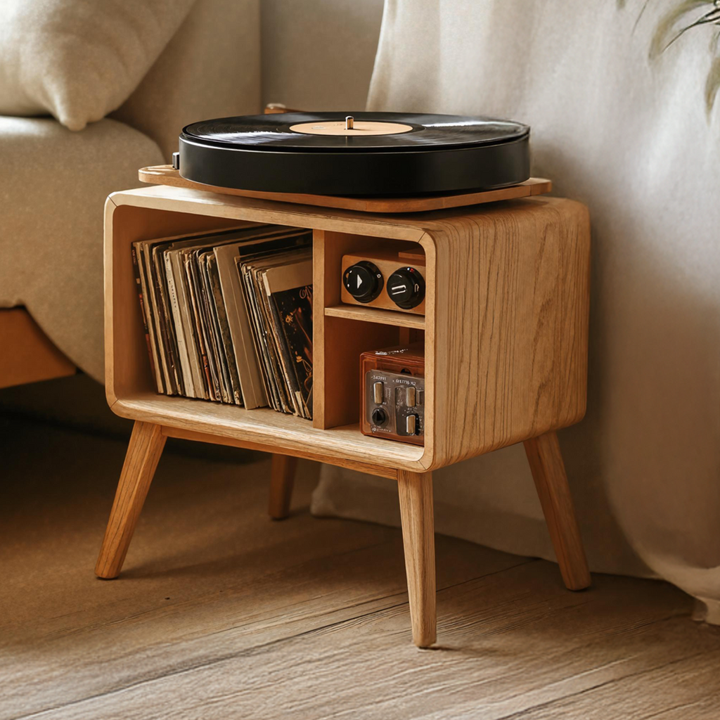 Solid Wood Turntable Stand With Vinyl Record Shelf, 22 To 39 Inch