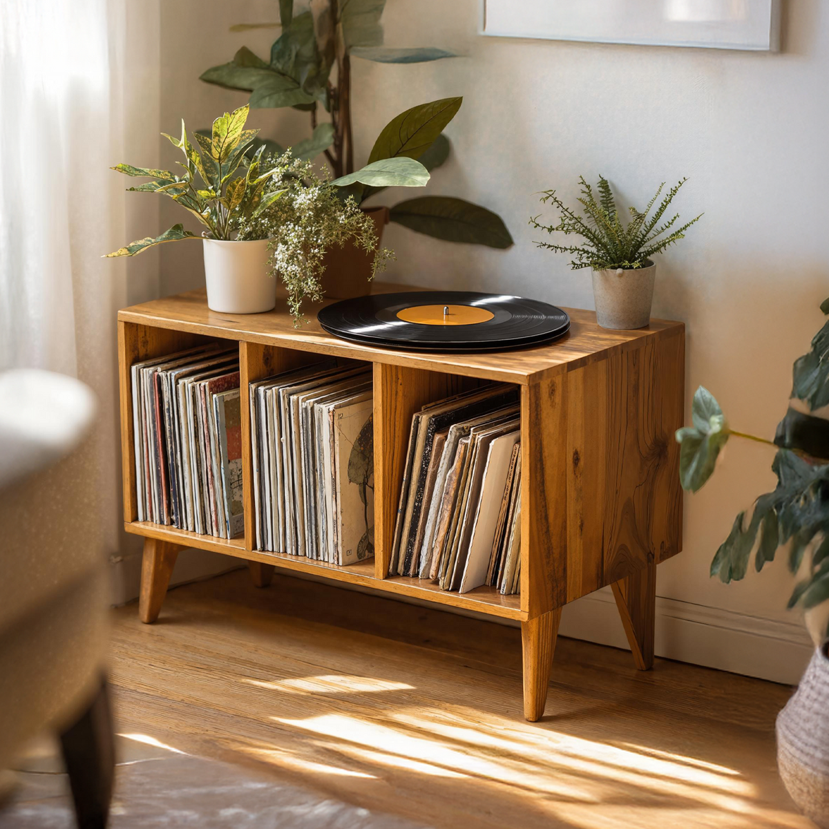 Farmhouse Record Stand For Vinyl Collection In Entryway Area