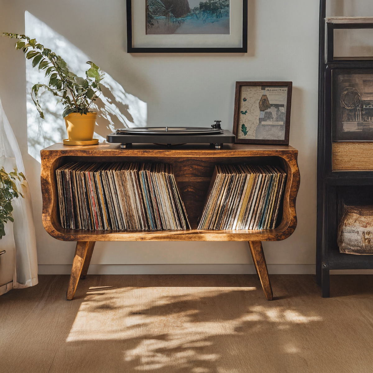 Rustic Brown Wood Turntable Console with Vinyl Space, 32-47 in