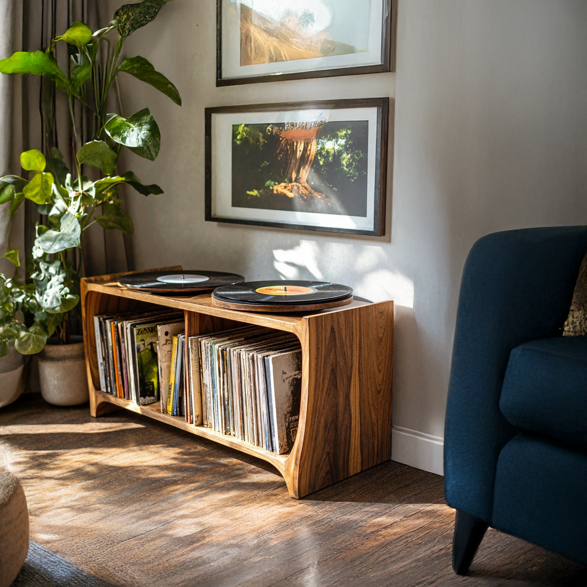 Mid-Century Low Record Player Stand in Natural Wood