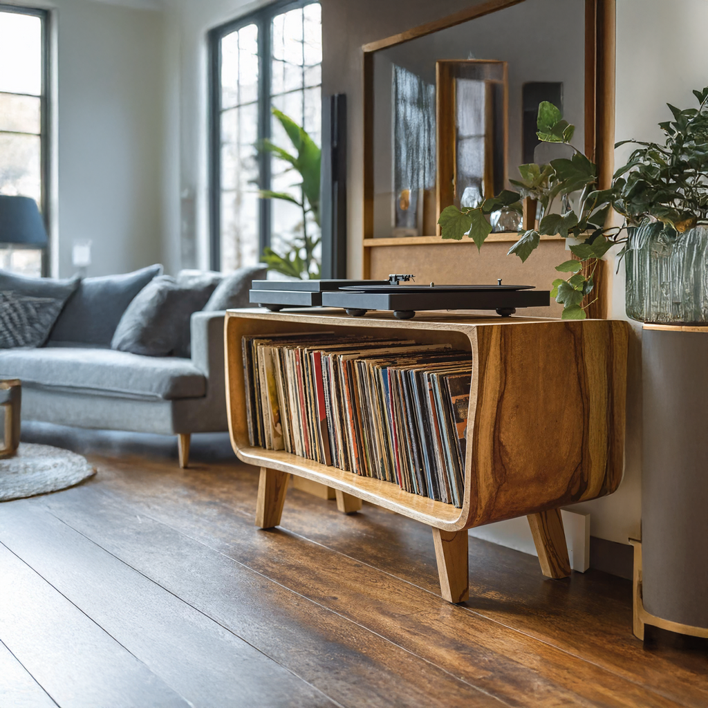 Solid Wood Record Player Stand with Open Vinyl Storage