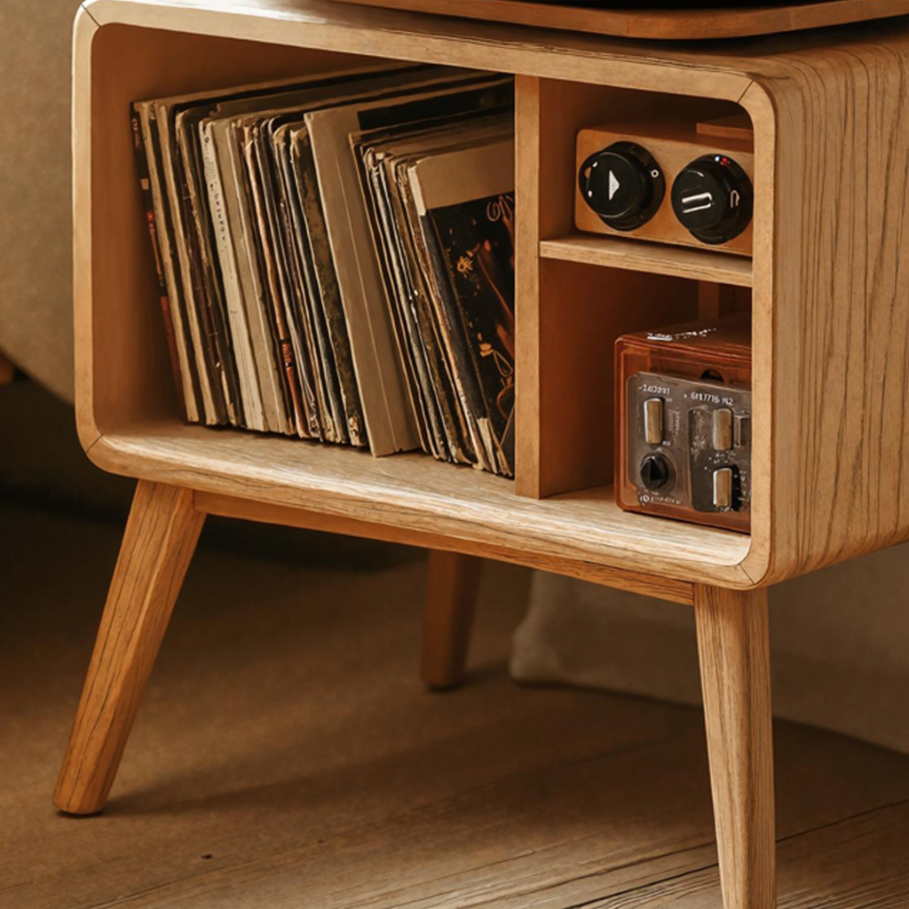 Solid Wood Turntable Stand With Vinyl Record Shelf, 22 To 39 Inch