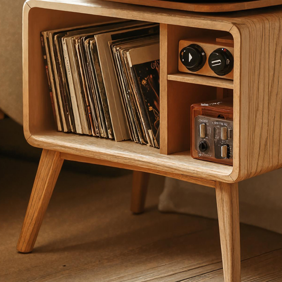Solid Wood Turntable Stand With Vinyl Record Shelf, 22 To 39 Inch