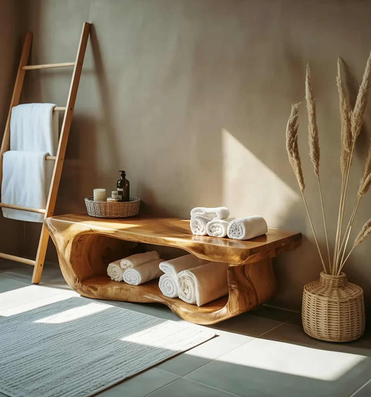 Handcrafted Solid Wood Bathroom Bench With Built-In Storage
