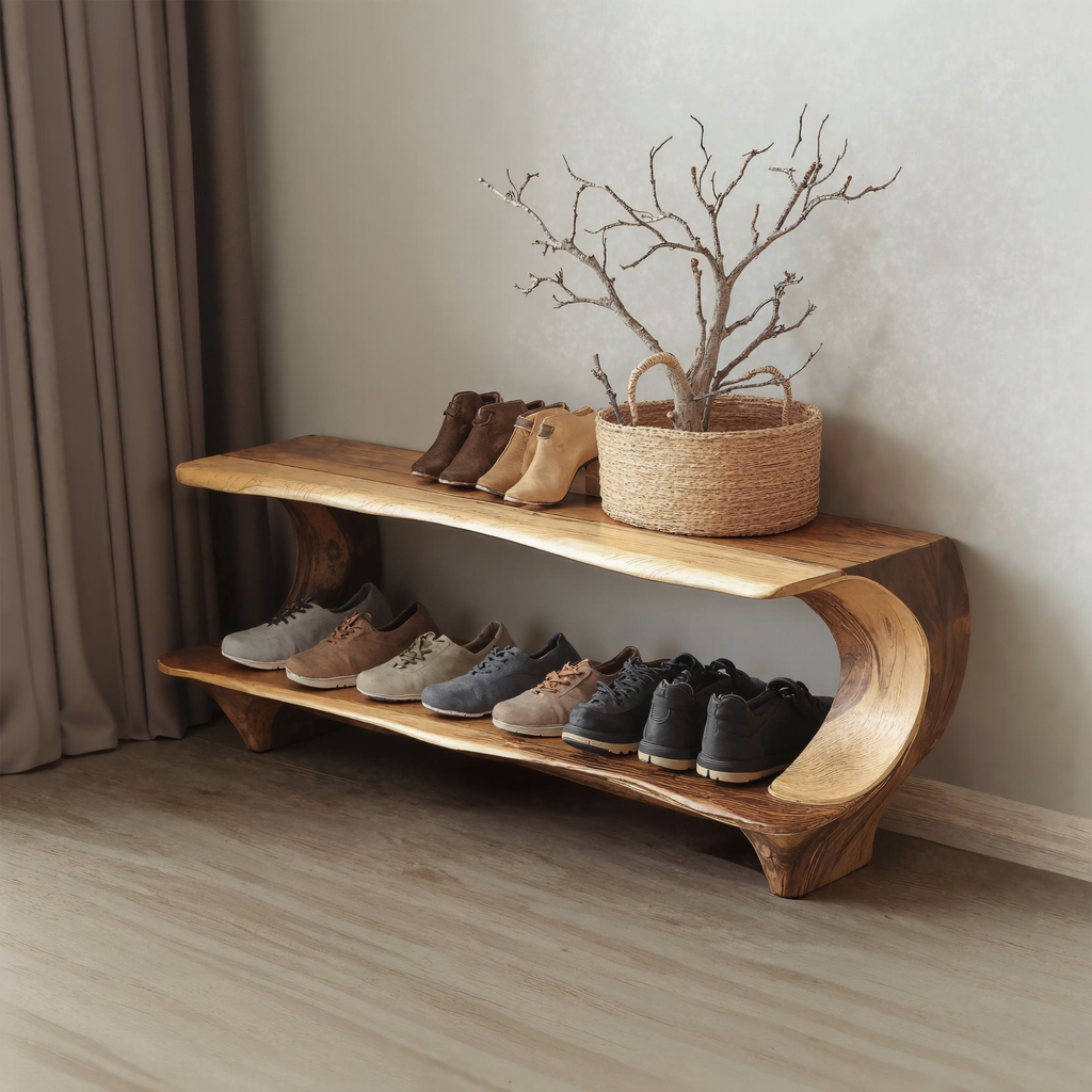 Narrow Solid Wood Entryway Shoe Rack Bench with Live Edge