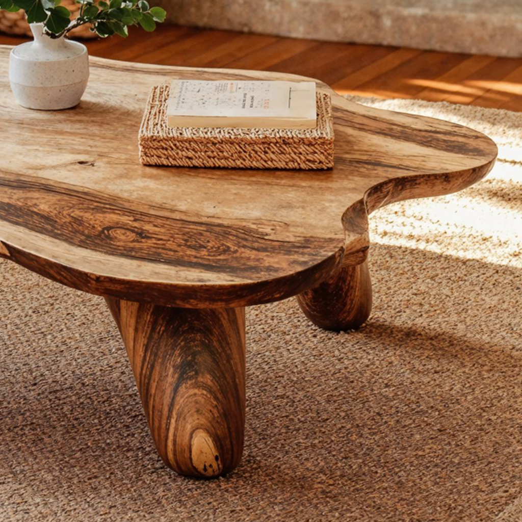 Low Curved Natural Wood Coffee Table, 32 To 47 Inch Wide