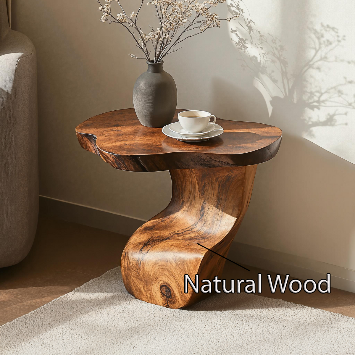 Compact Brown Wood Nightstand or Sofa Side Table, Oil-Waxed