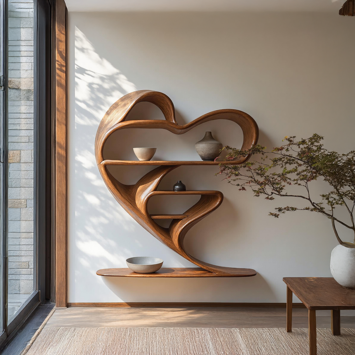 Floating Live Edge Wall Bookcase with Knots, 30 to 41 in Wide