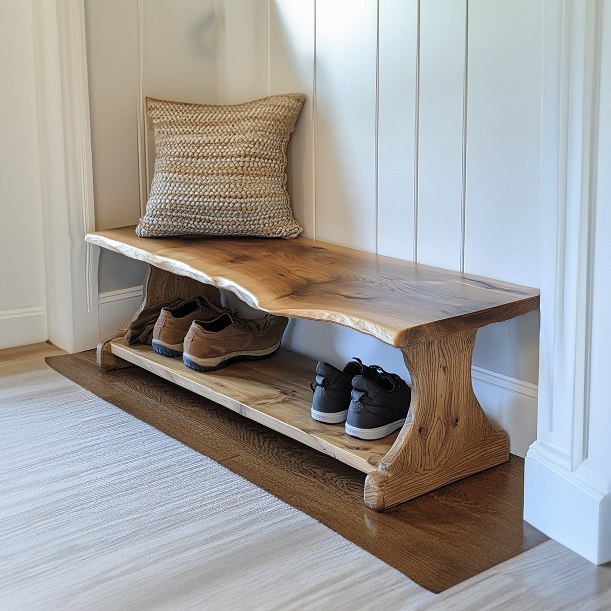 Entryway Shoe Bench, Narrow Live Edge Solid Wood Shoe Rack