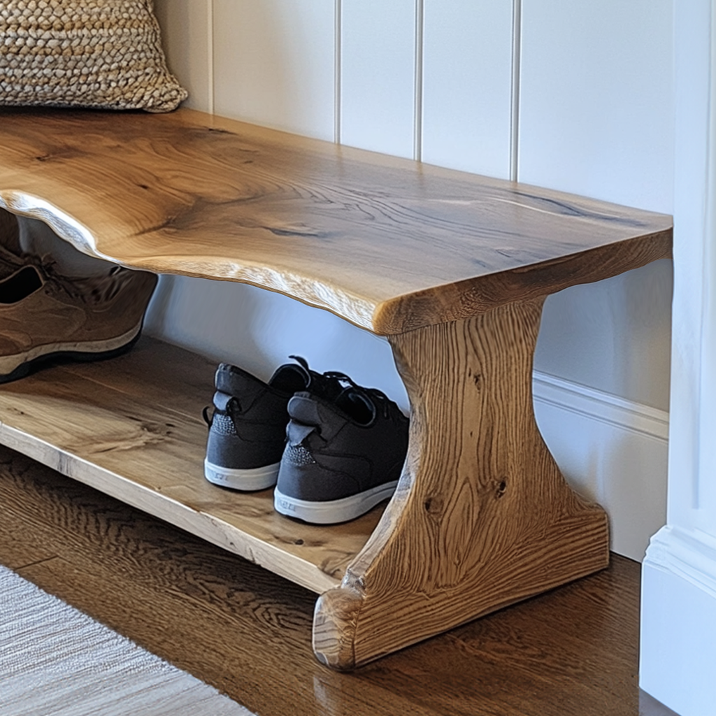 Entryway Shoe Bench, Narrow Live Edge Solid Wood Shoe Rack