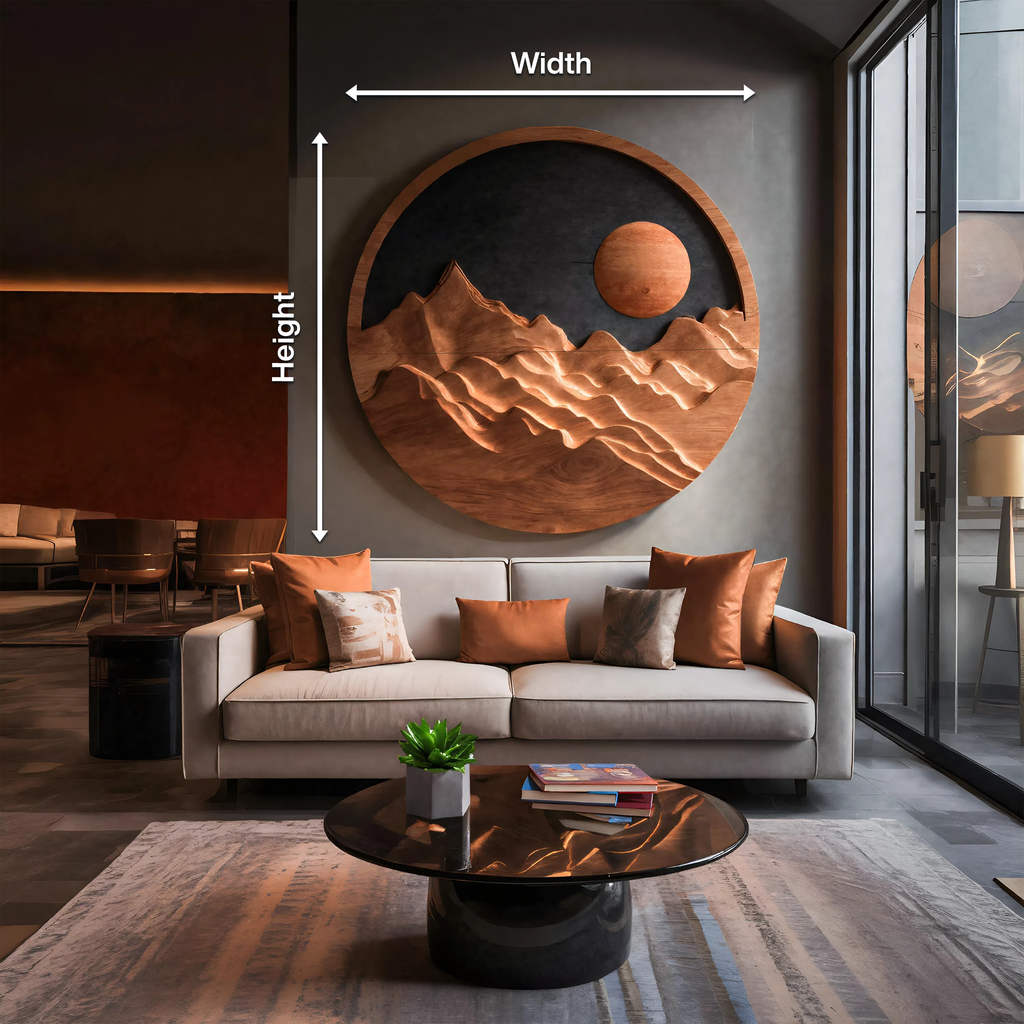 Layered Mountain And Sun Carved Wood Wall Panel, 23 to 59 Inch