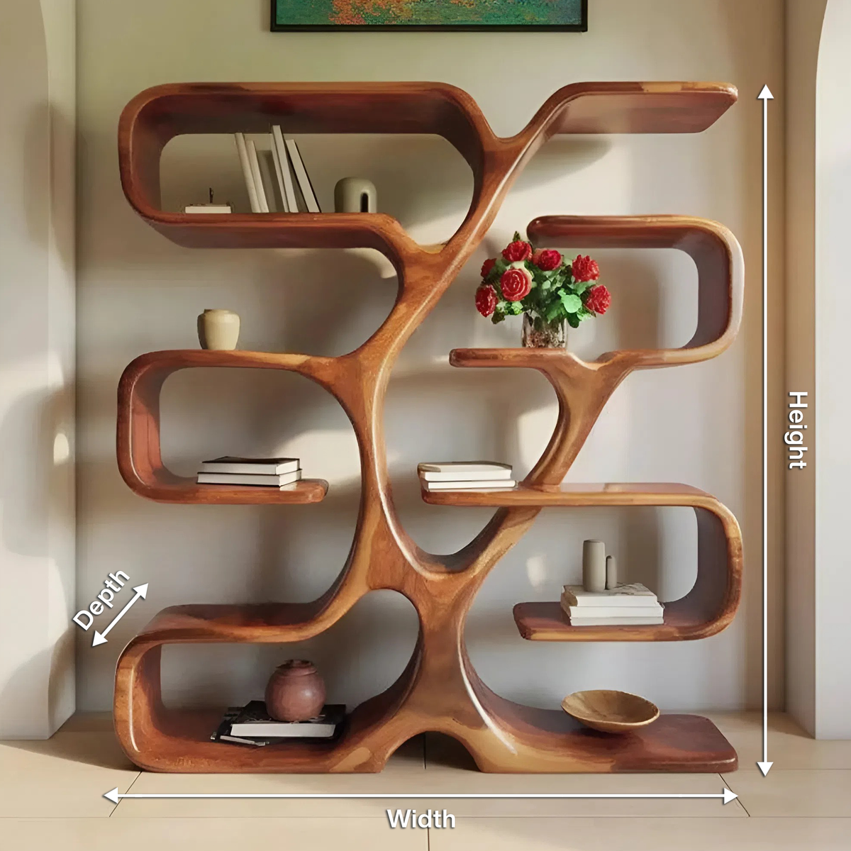 Wall-Mounted Live Edge Bookshelf with Radiating Plank Shelves
