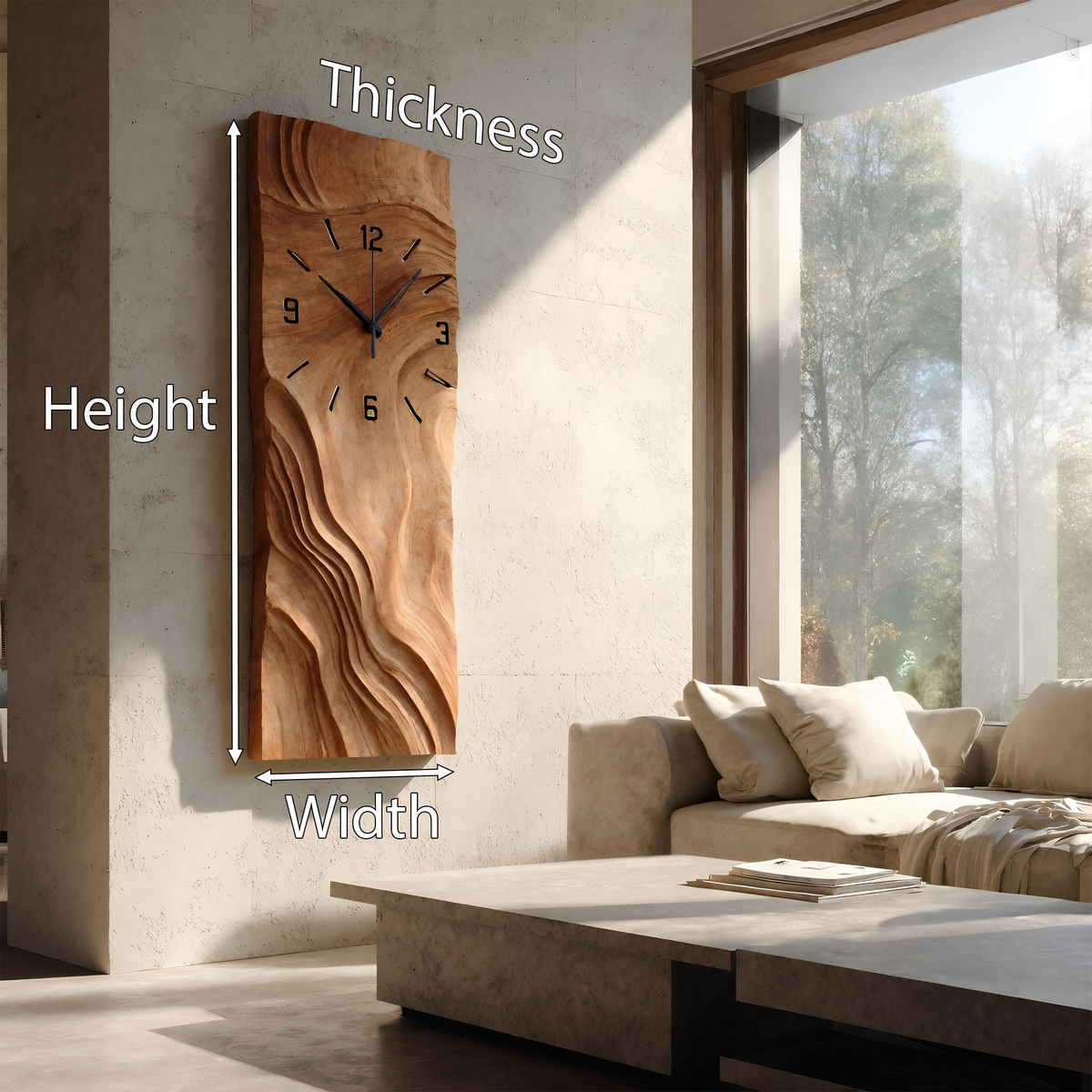 Organic Vertical Sculptural Wall Clock, Handcrafted Modern Wood Hanging Timepiece