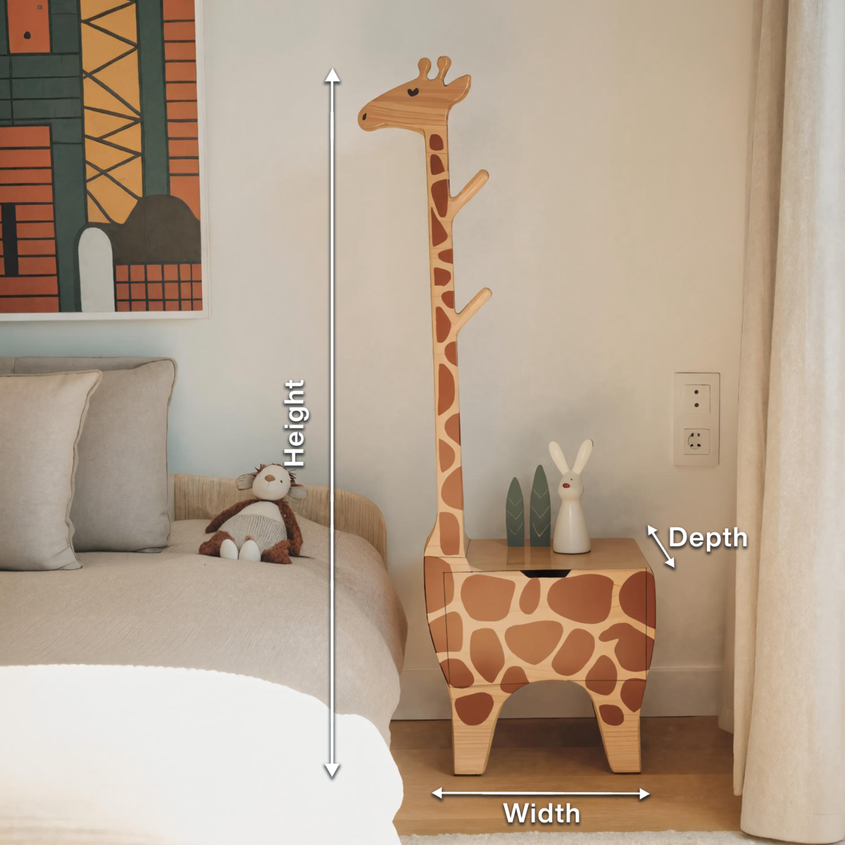 Adorable Giraffe Nightstand With Hooks And Drawer For Kids Room And