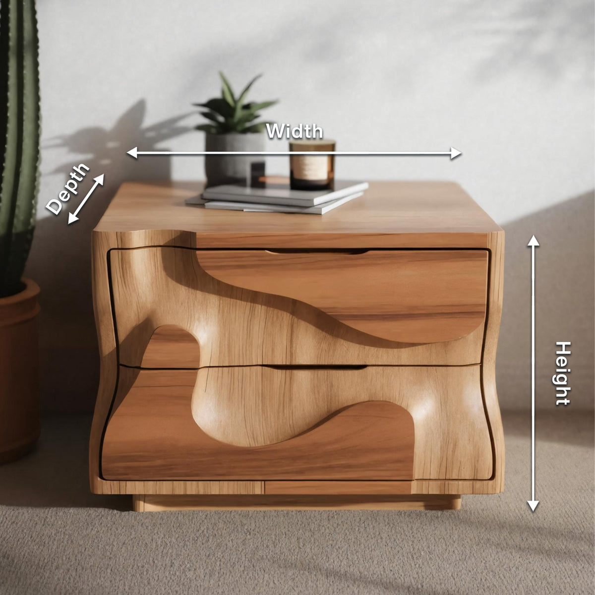 Modern Wavy Nightstand With Carved Drawer Cabinet For Bedroom And Living Room