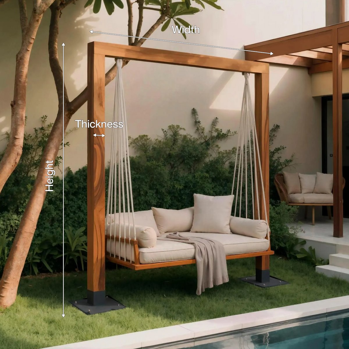 Freestanding Wood Frame Patio Swing Bed with Cotton Rope, 65-86 in
