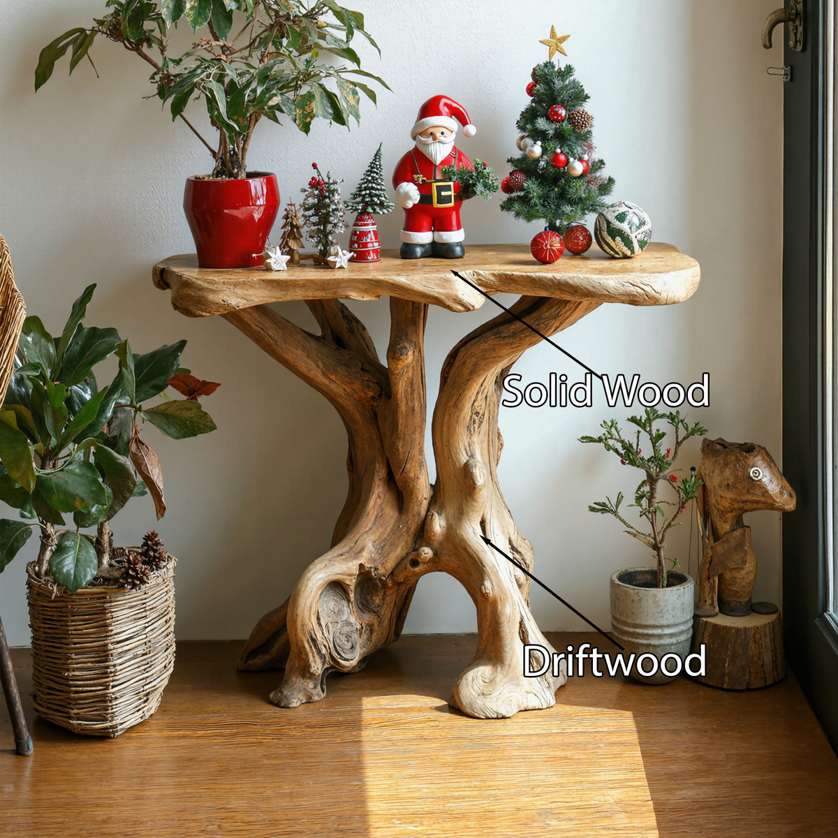 Christmas End Table, Farmhouse Live Edge Solid Wood Side Table